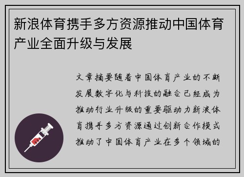 新浪体育携手多方资源推动中国体育产业全面升级与发展